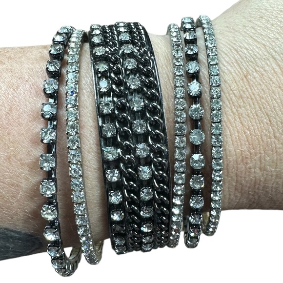 Set of 6 Rhinestone Silver Bangle Bracelets - Picture 2 of 3